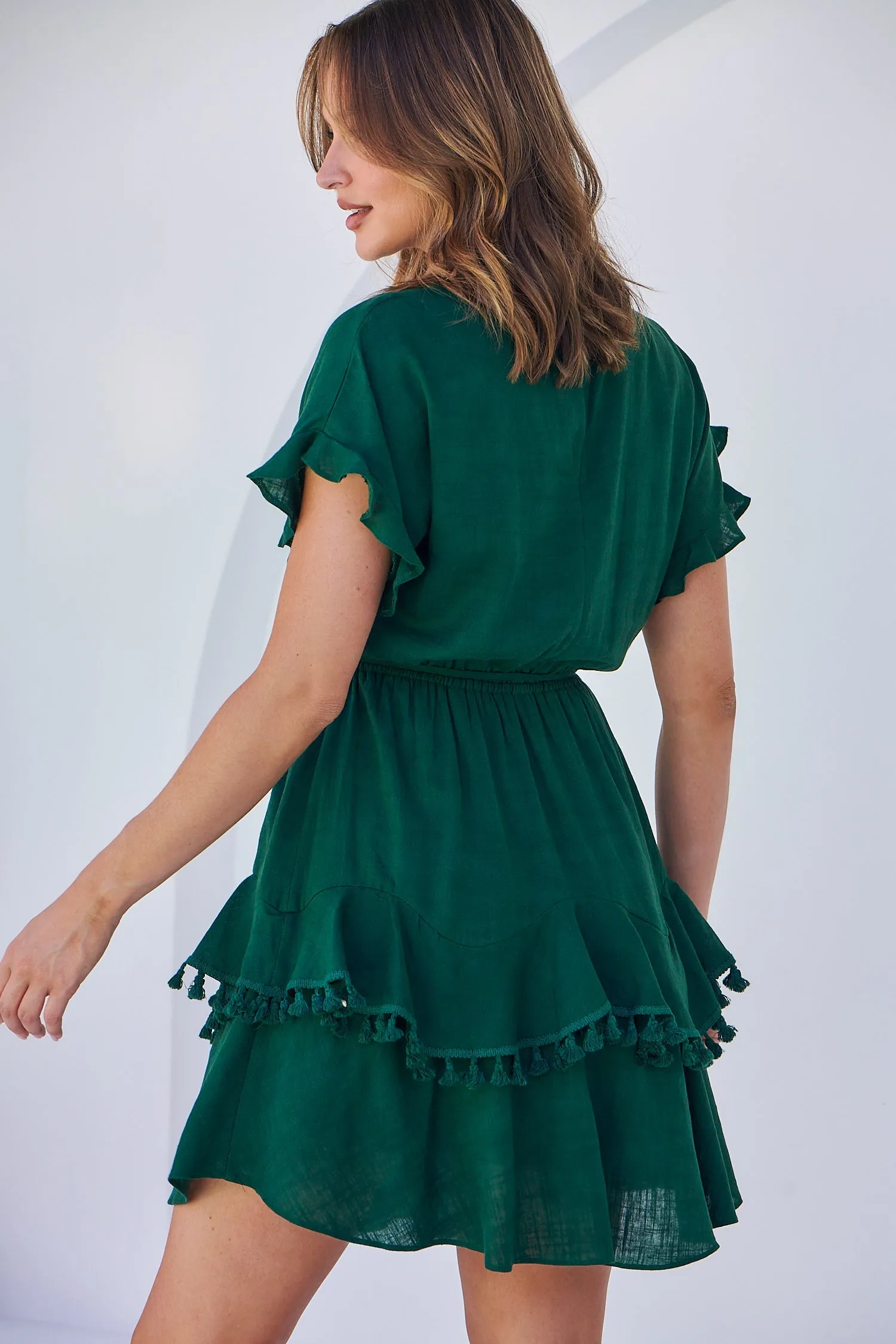 Brooklyn Frill Sleeve Emerald Green Linen Dress