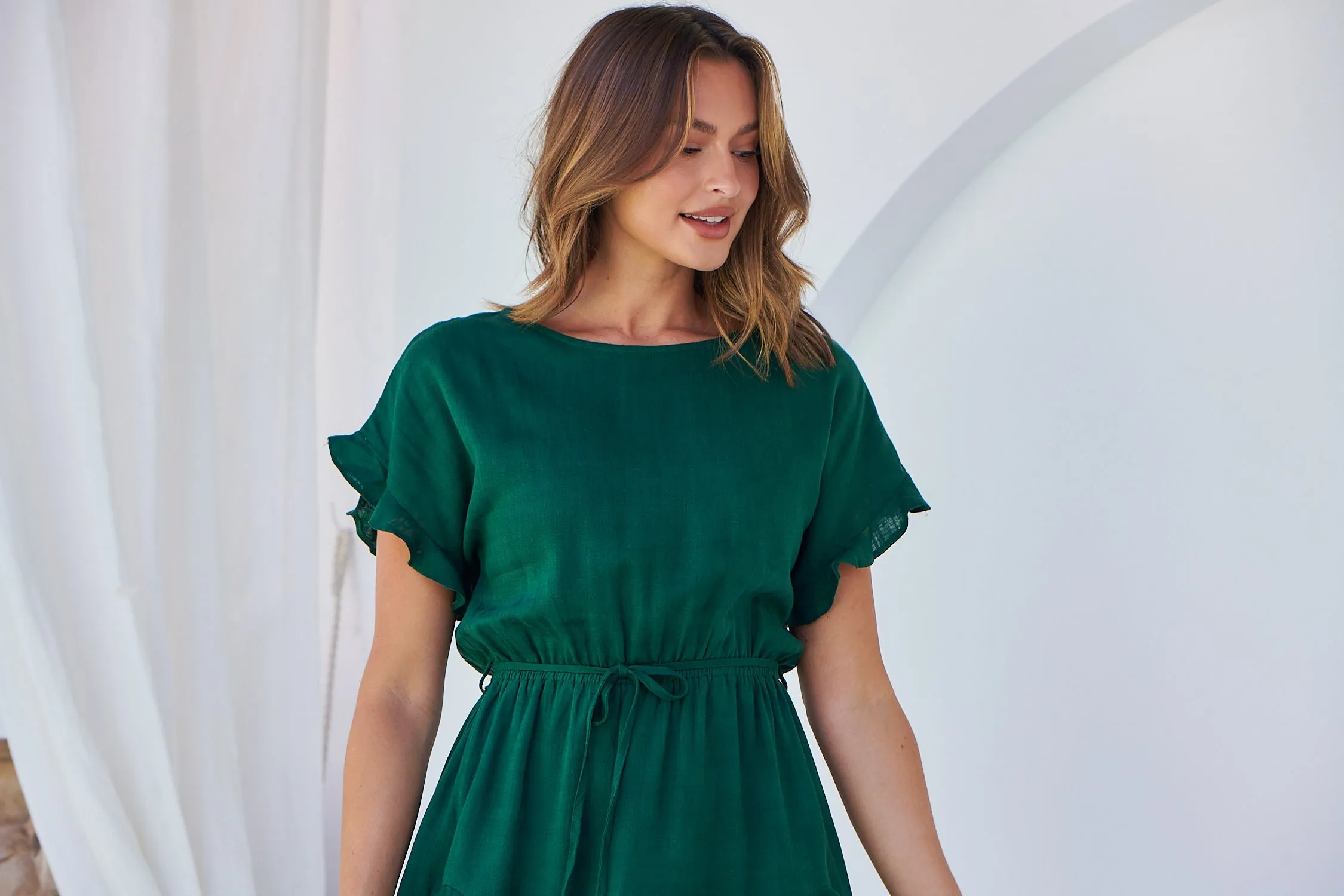 Brooklyn Frill Sleeve Emerald Green Linen Dress