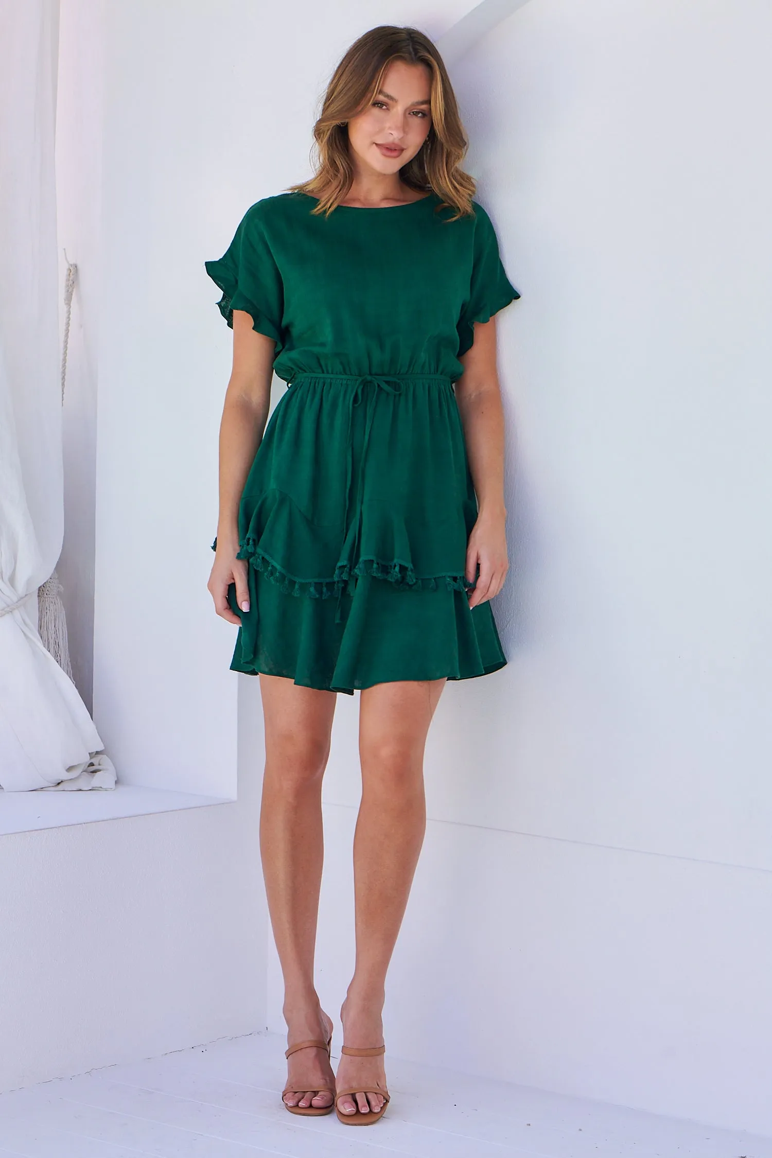 Brooklyn Frill Sleeve Emerald Green Linen Dress