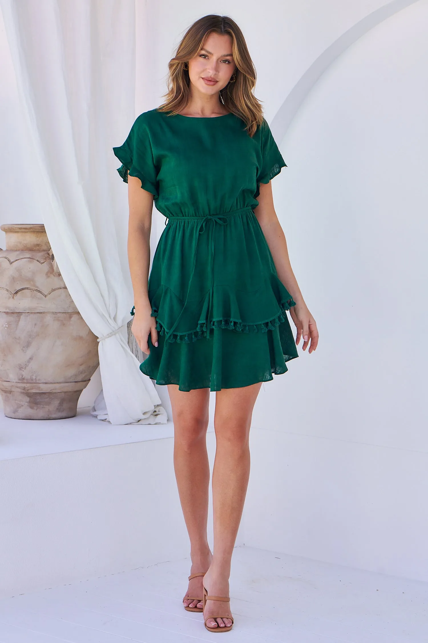 Brooklyn Frill Sleeve Emerald Green Linen Dress