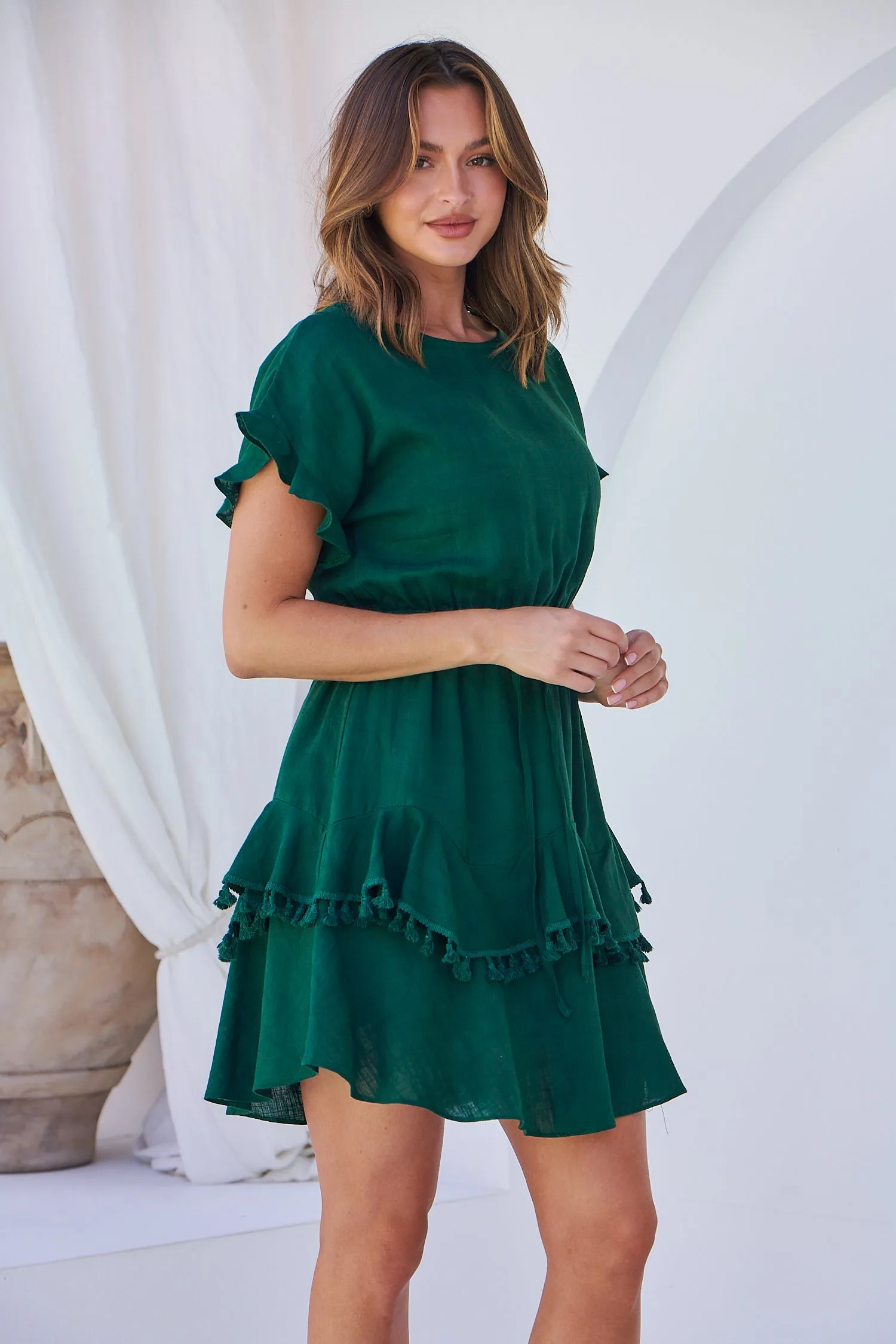 Brooklyn Frill Sleeve Emerald Green Linen Dress