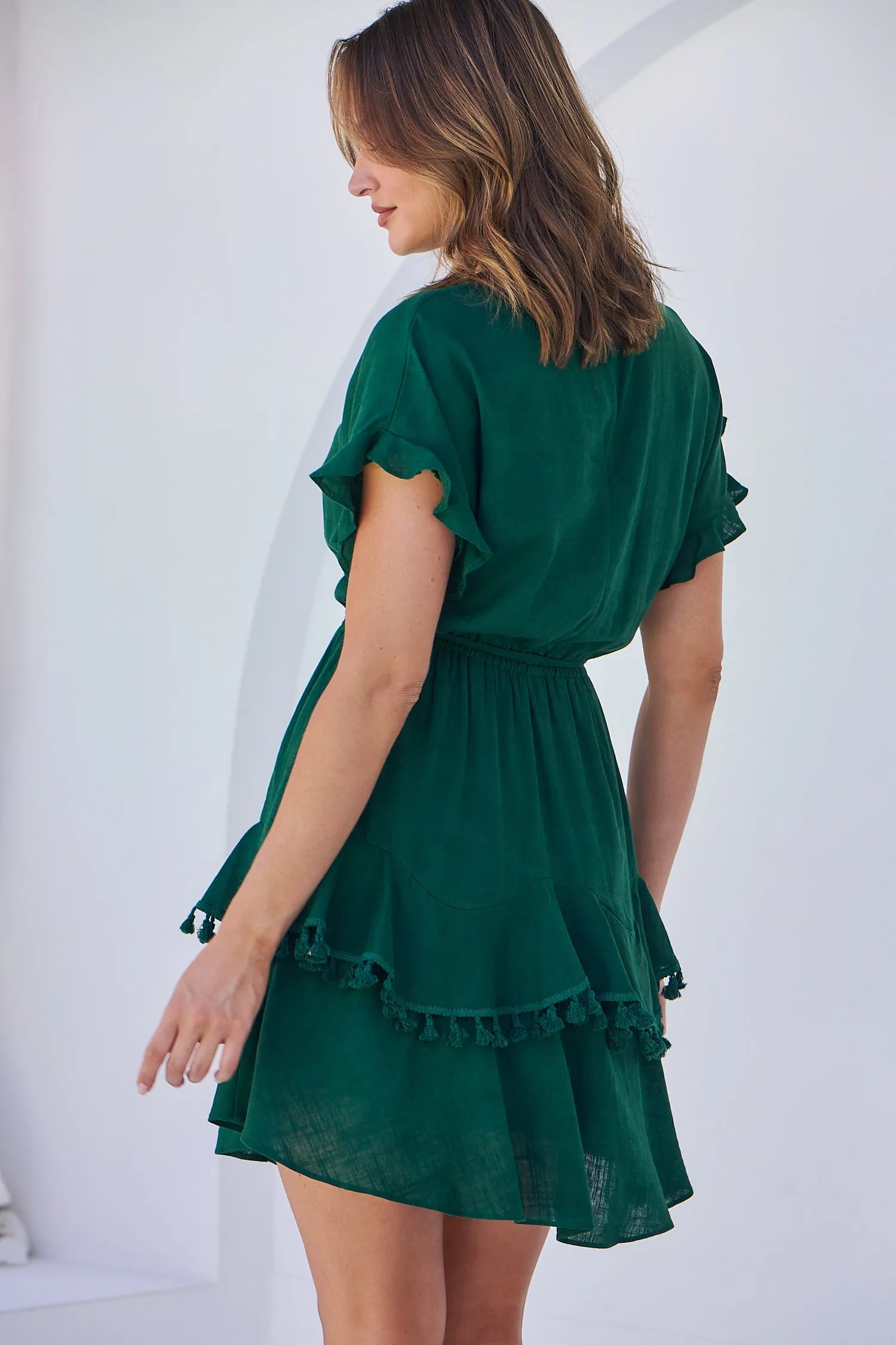 Brooklyn Frill Sleeve Emerald Green Linen Dress