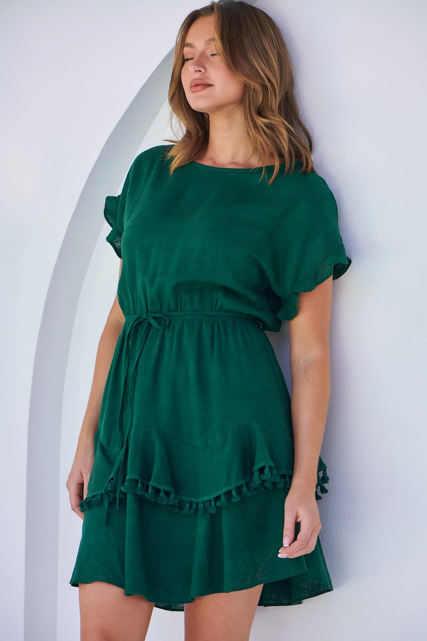 Brooklyn Frill Sleeve Emerald Green Linen Dress