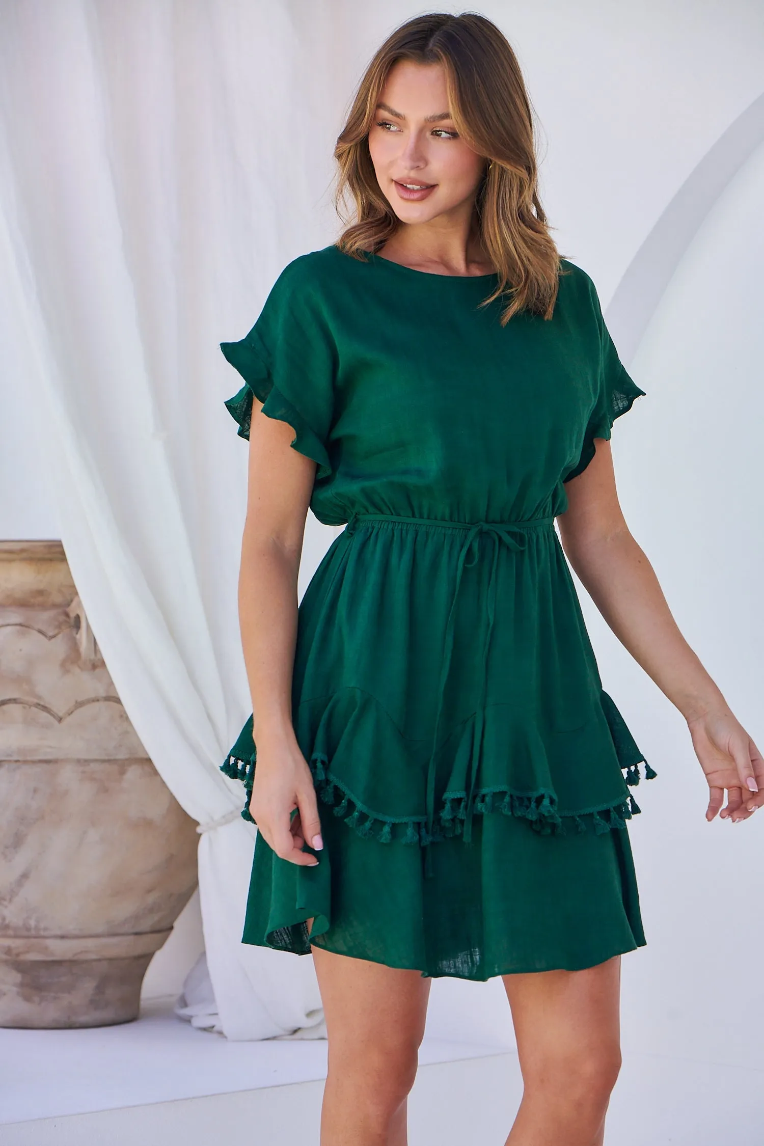 Brooklyn Frill Sleeve Emerald Green Linen Dress