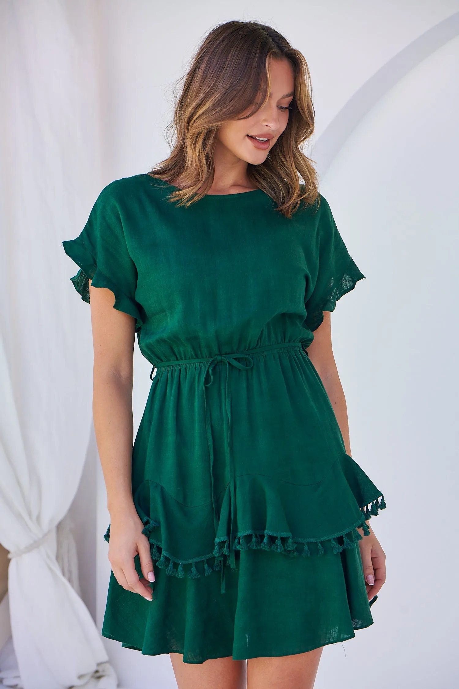 Brooklyn Frill Sleeve Emerald Green Linen Dress