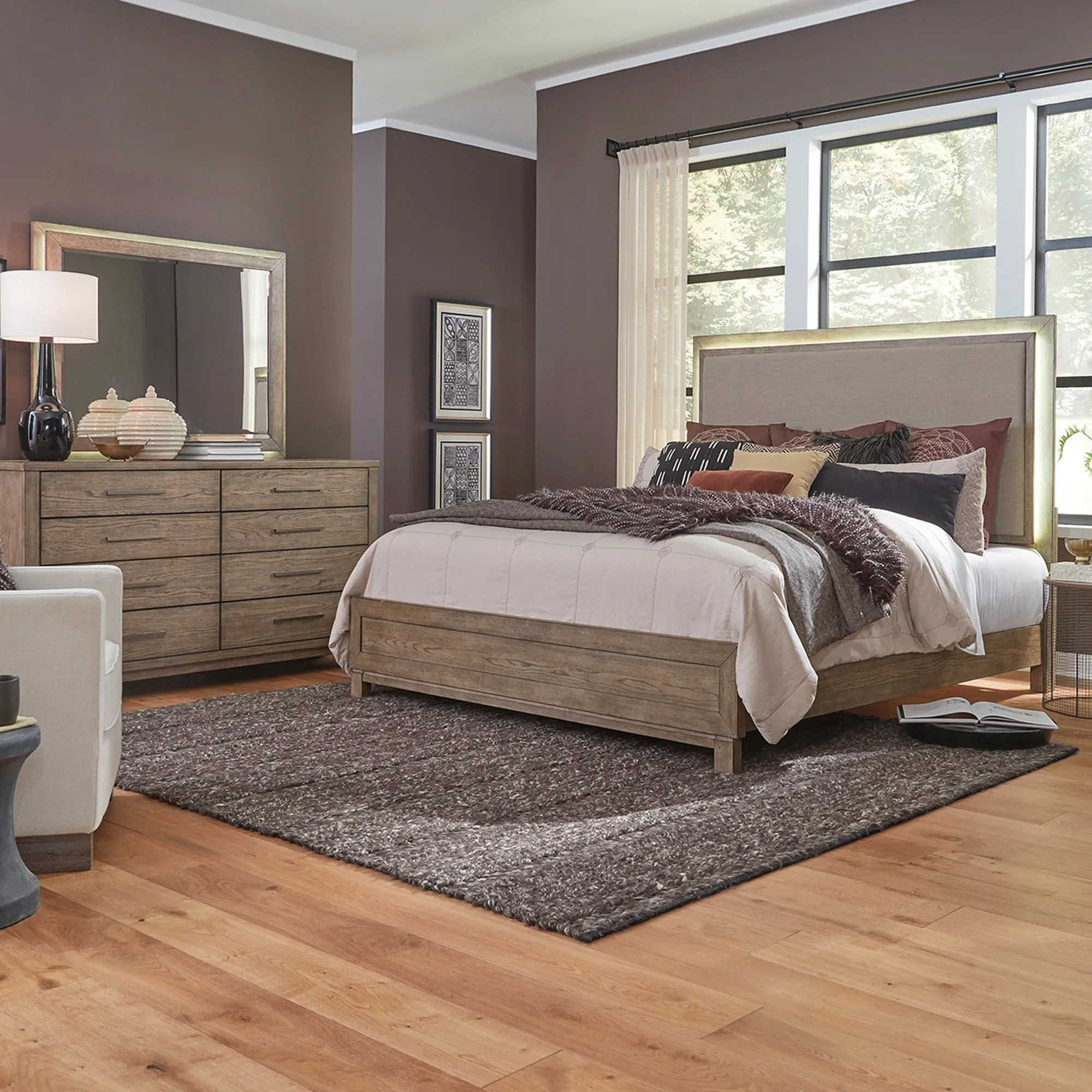 Stylish King Upholstered Bed with Dresser and Mirror Set - Canyon Road Collection, Model 876-BR-KUBDM