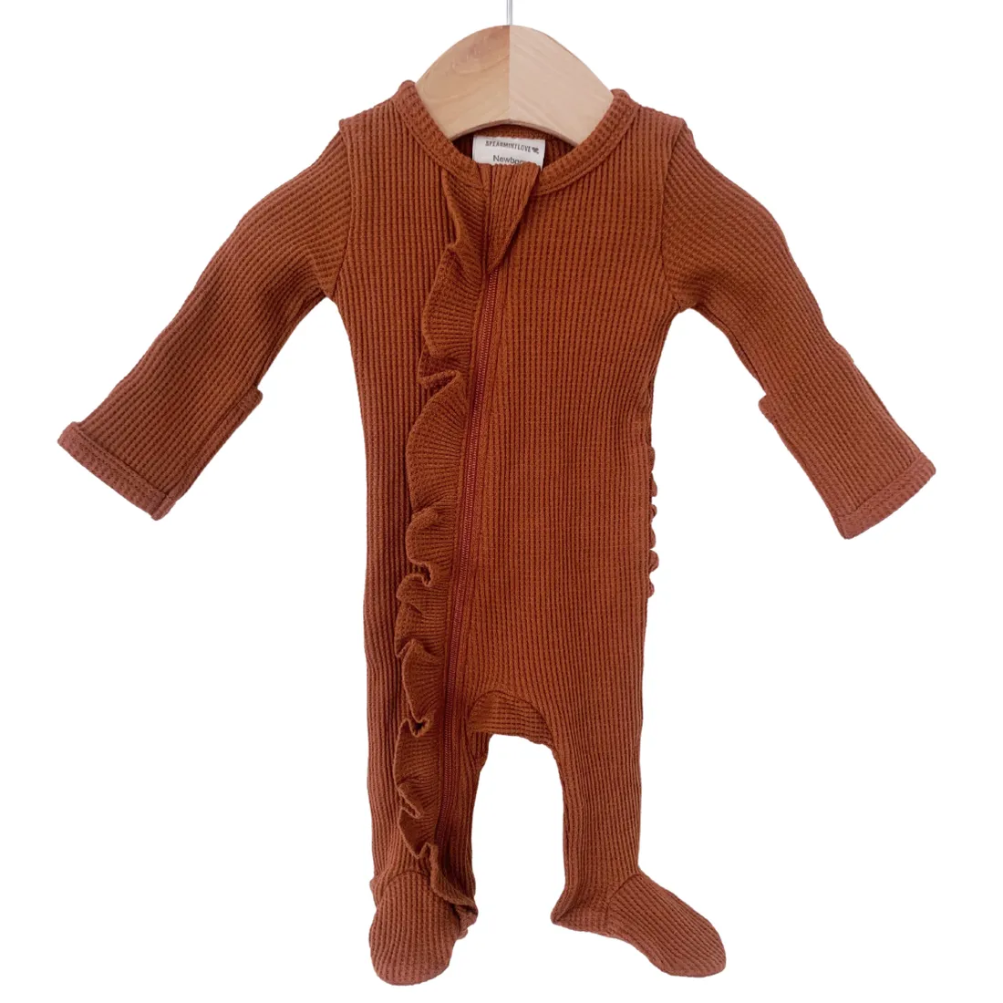 Caramel Organic Waffle Ruffle Zip Footie