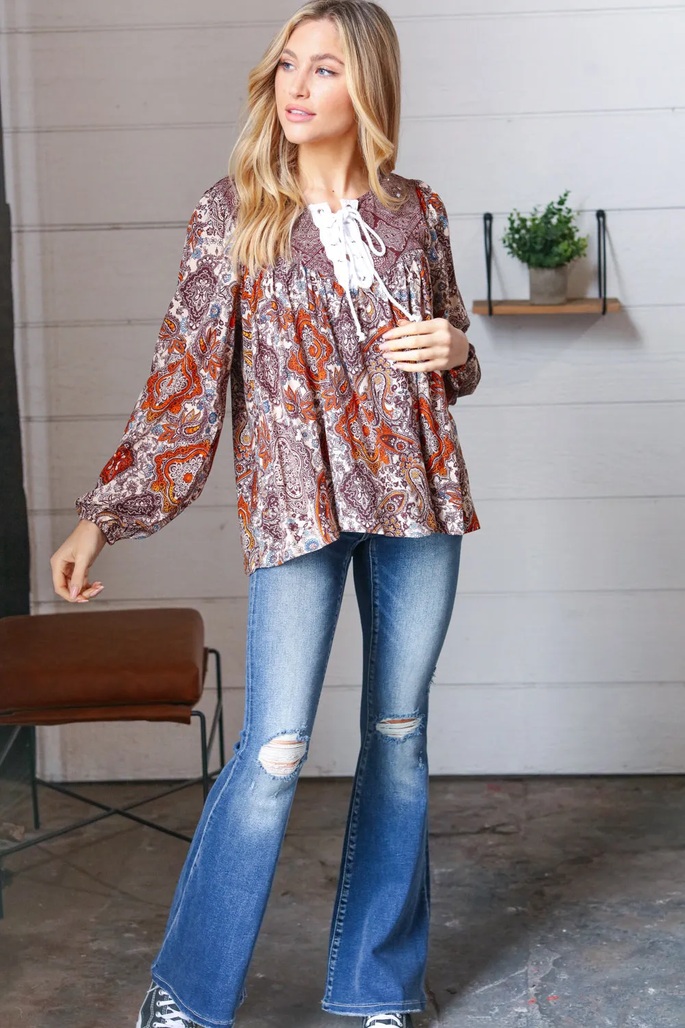 Cinnamon Boho Eyelet Lace Up Babydoll Blouse