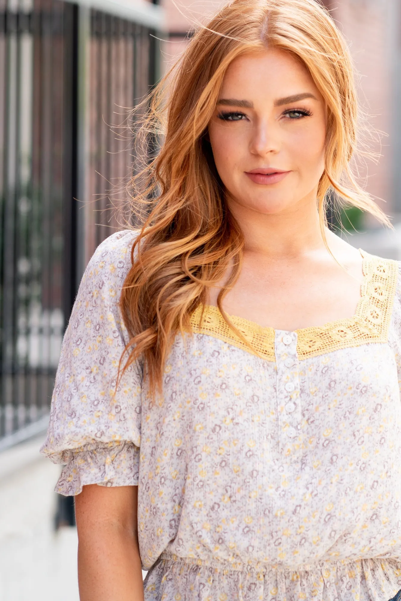 Crochet Trimmed Square Neck Ditsy Print Blouse - Vintage Grey