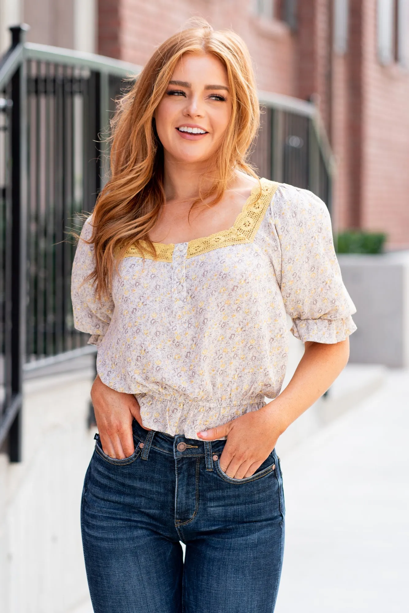 Crochet Trimmed Square Neck Ditsy Print Blouse - Vintage Grey