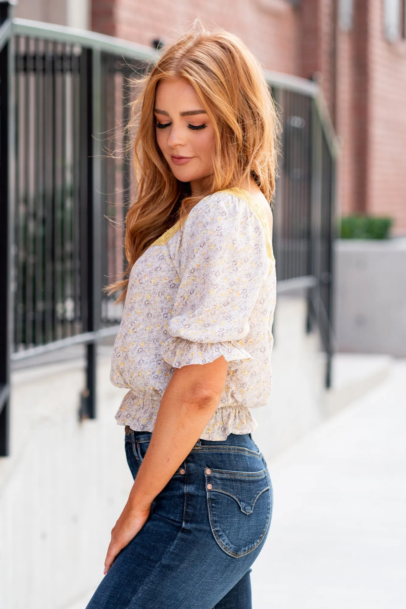 Crochet Trimmed Square Neck Ditsy Print Blouse - Vintage Grey