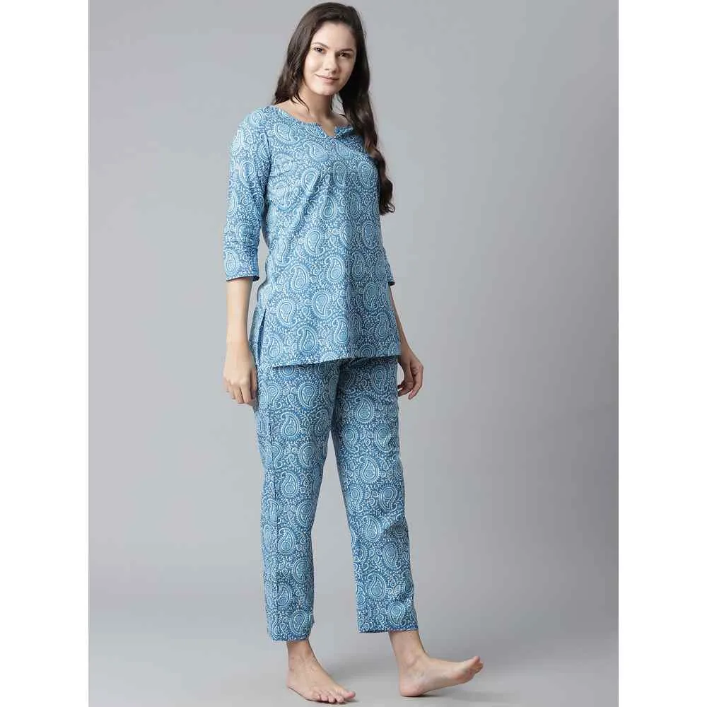 Divena Blue Printed Cotton Nightwear (Set of 2)