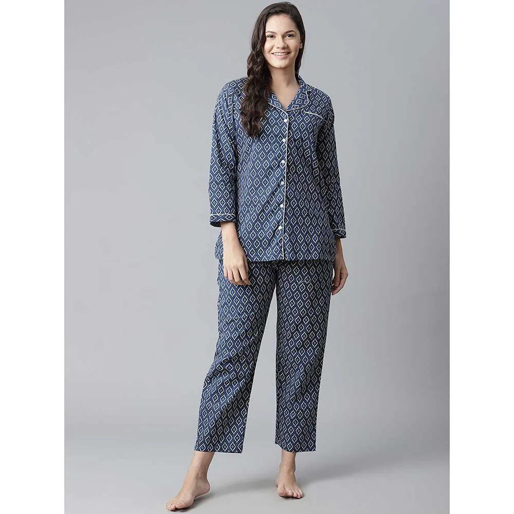 Divena Navy Blue Printed Cotton Nightsuit (Set of 2)