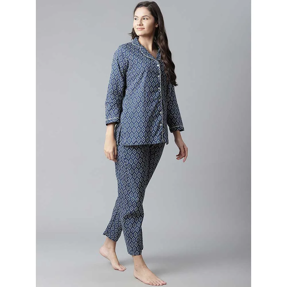 Divena Navy Blue Printed Cotton Nightsuit (Set of 2)