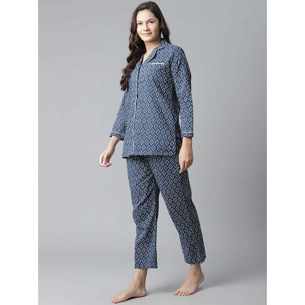 Divena Navy Blue Printed Cotton Nightsuit (Set of 2)
