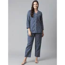 Divena Navy Blue Printed Cotton Nightsuit (Set of 2)