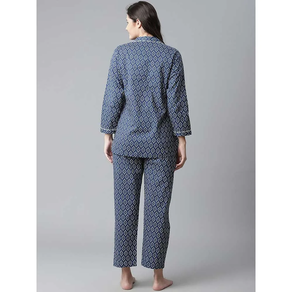 Divena Navy Blue Printed Cotton Nightsuit (Set of 2)