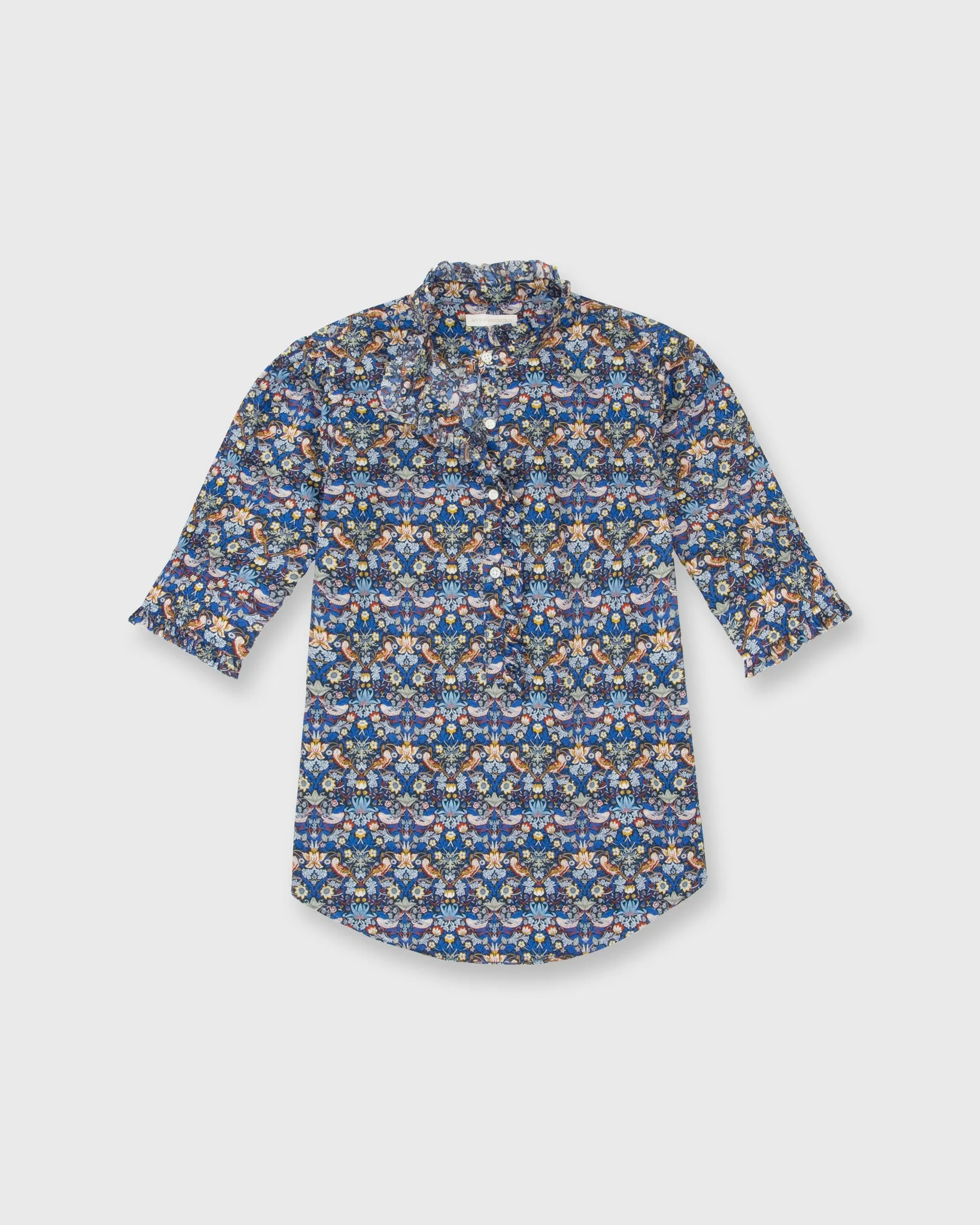 Elbow-Sleeve Frill Shirt in Blue/Gold Strawberry Thief Liberty Fabric