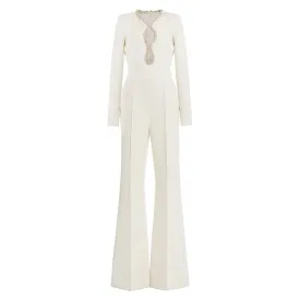 Elegant Crystal Embellished Cutout High Waist Long Sleeve Flared Jumpsuit