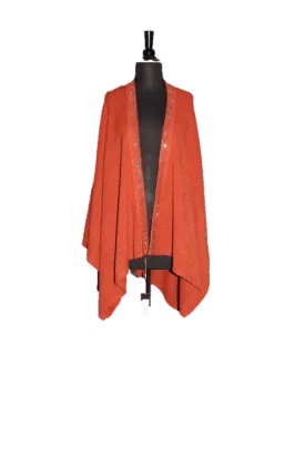 Embellished Trimmed Border Ruana-Rust