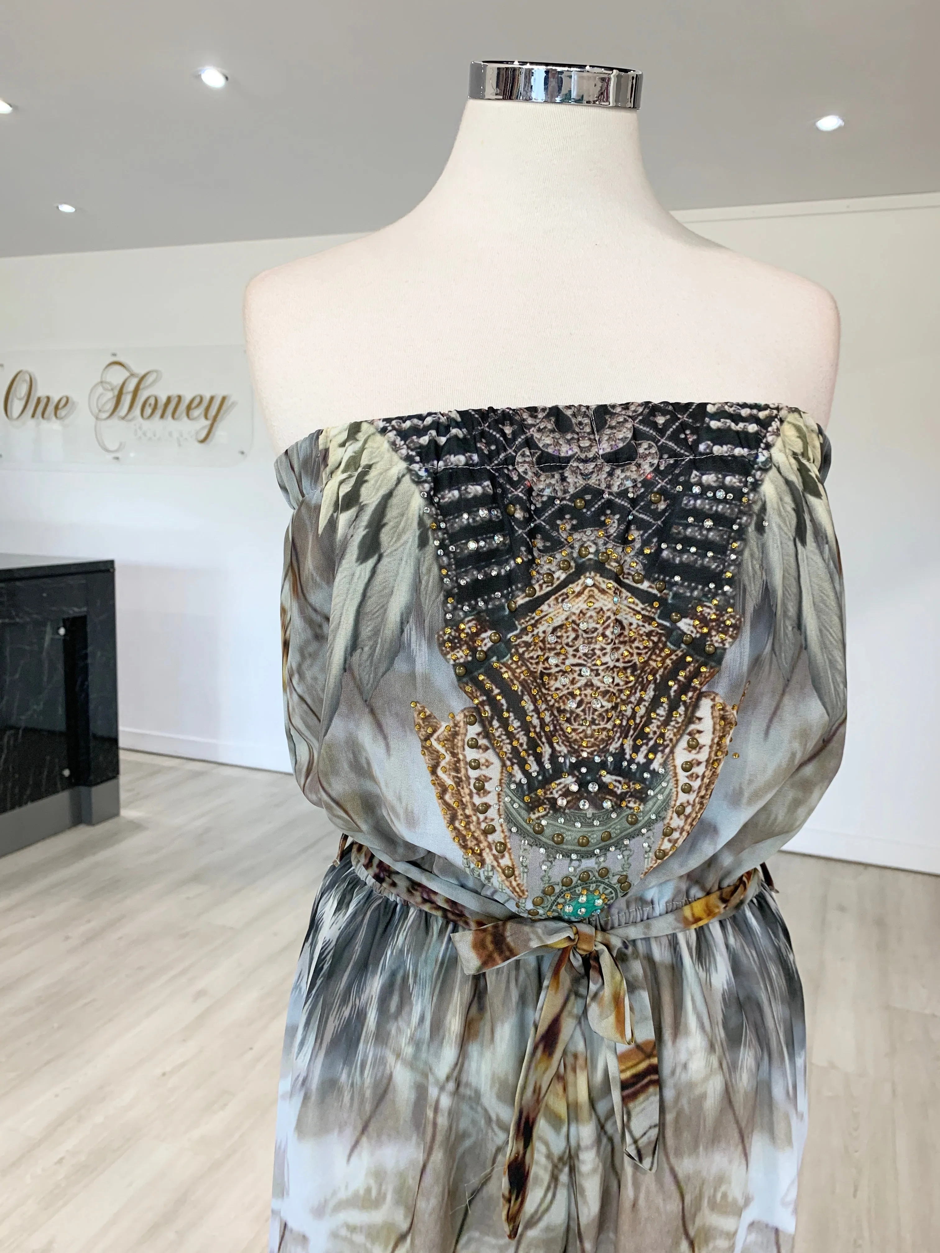 Gigi & Ella Brown Print Strapless Resort Jumpsuit Romper