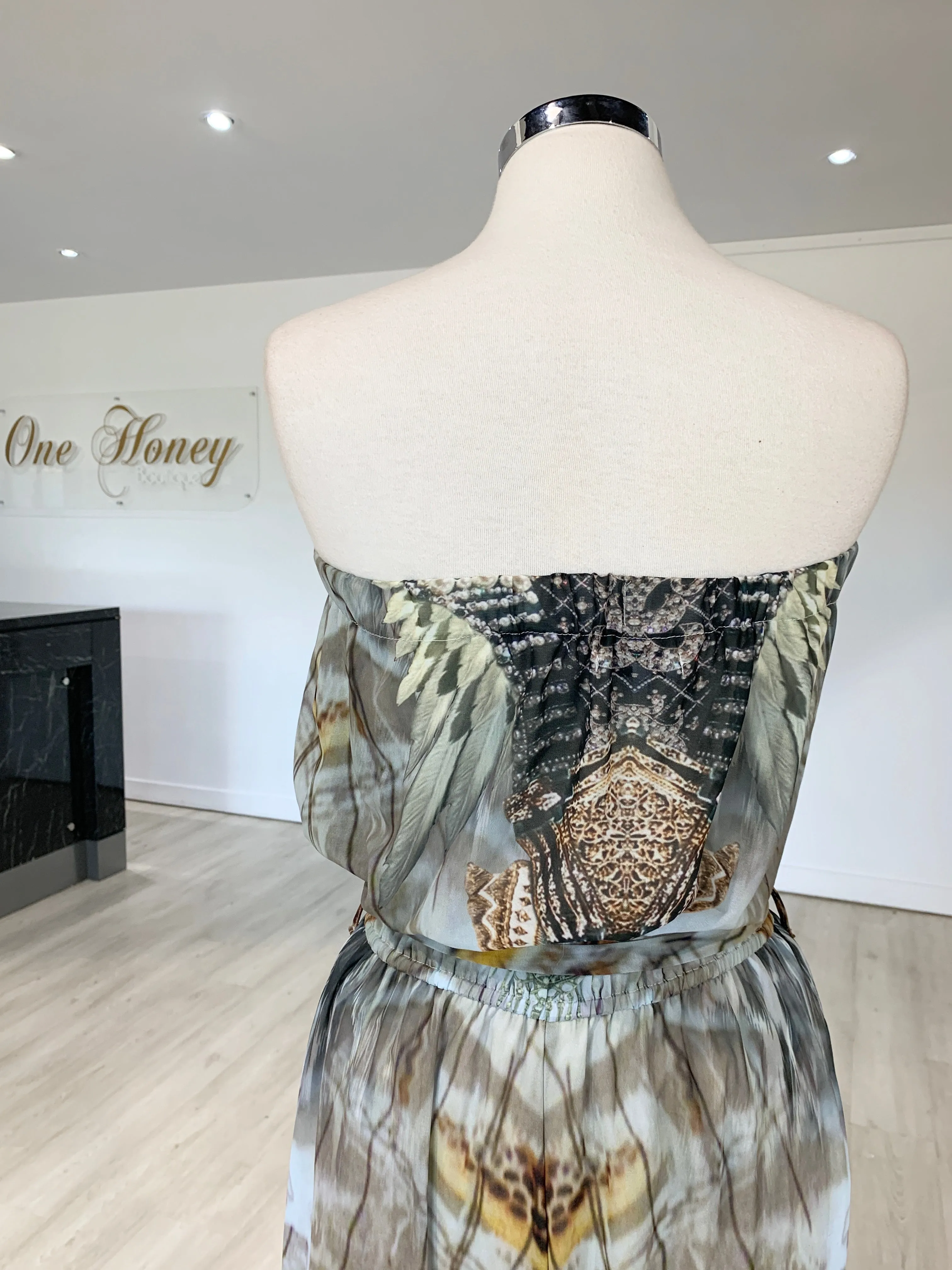 Gigi & Ella Brown Print Strapless Resort Jumpsuit Romper