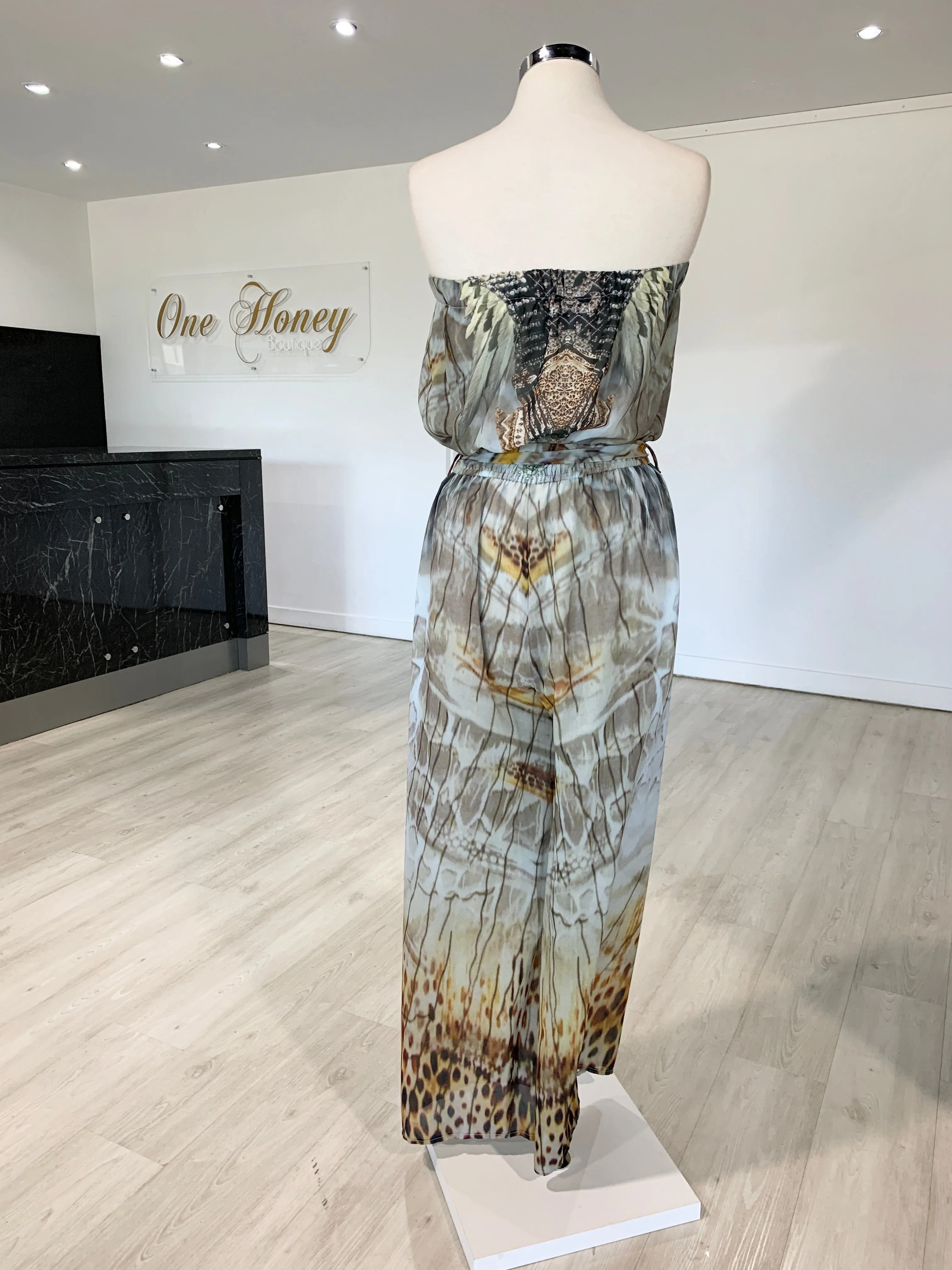 Gigi & Ella Brown Print Strapless Resort Jumpsuit Romper