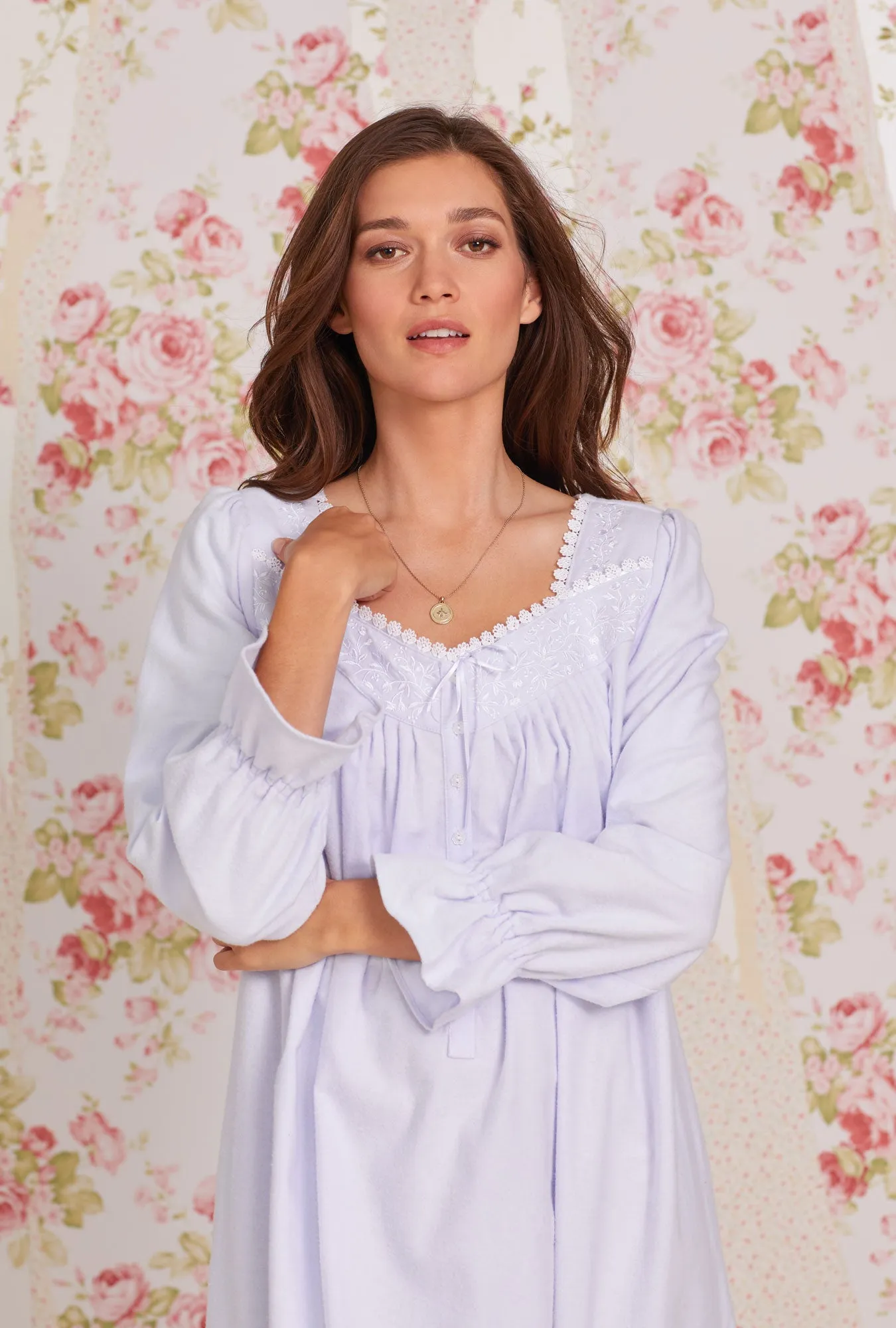 Heritage Cotton Flannel Embroidery Long Nightgown- Peri