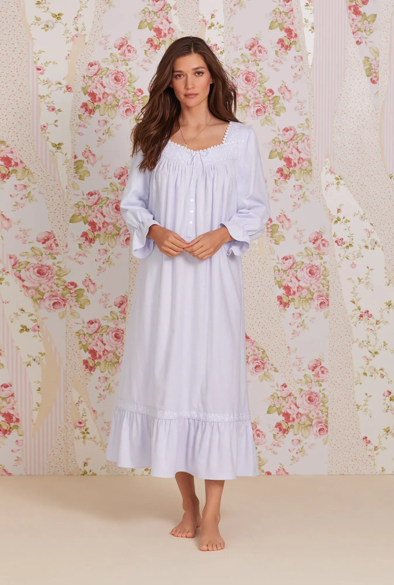Heritage Cotton Flannel Embroidery Long Nightgown- Peri