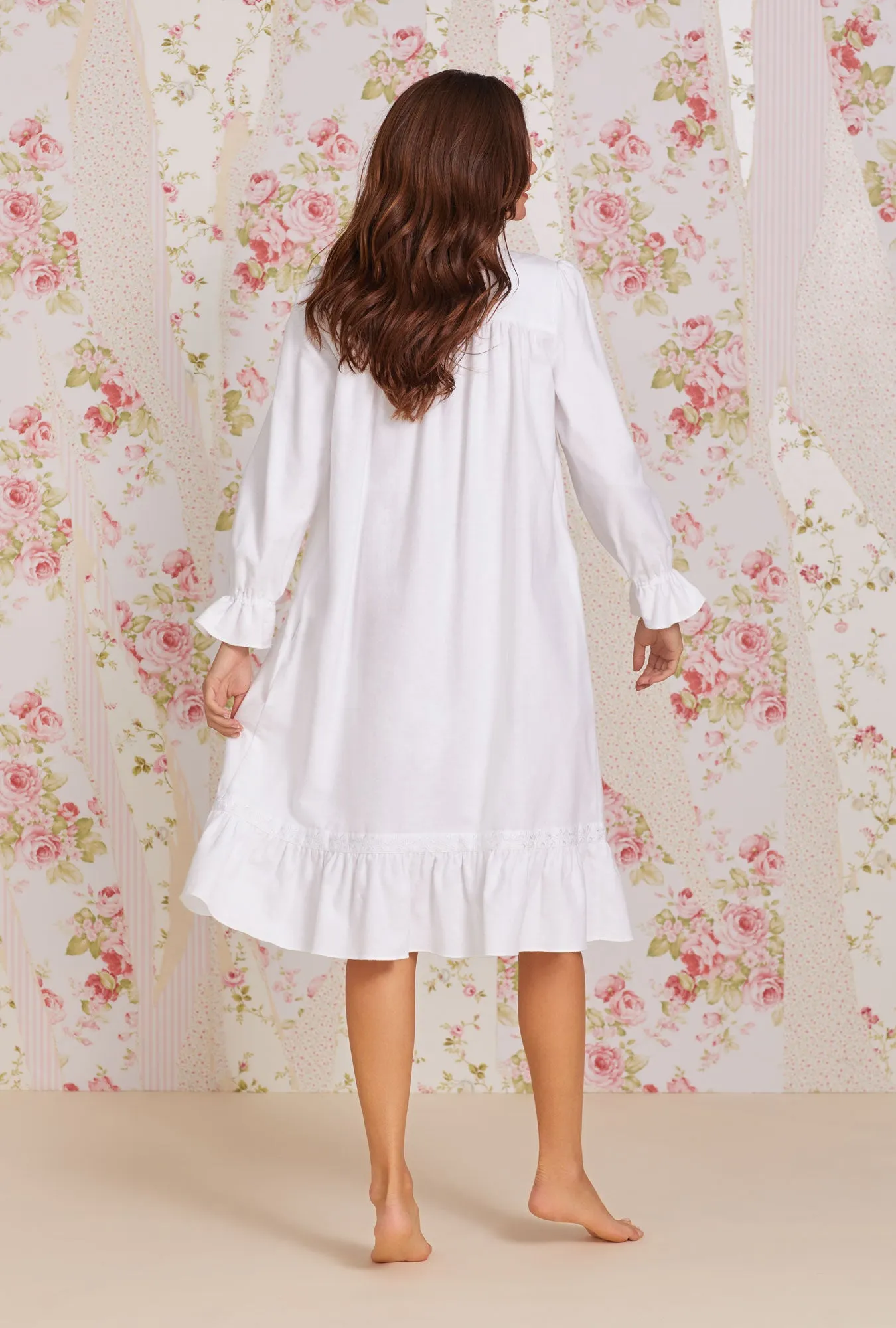Heritage Cotton Flannel Embroidery Waltz Nightgown- White