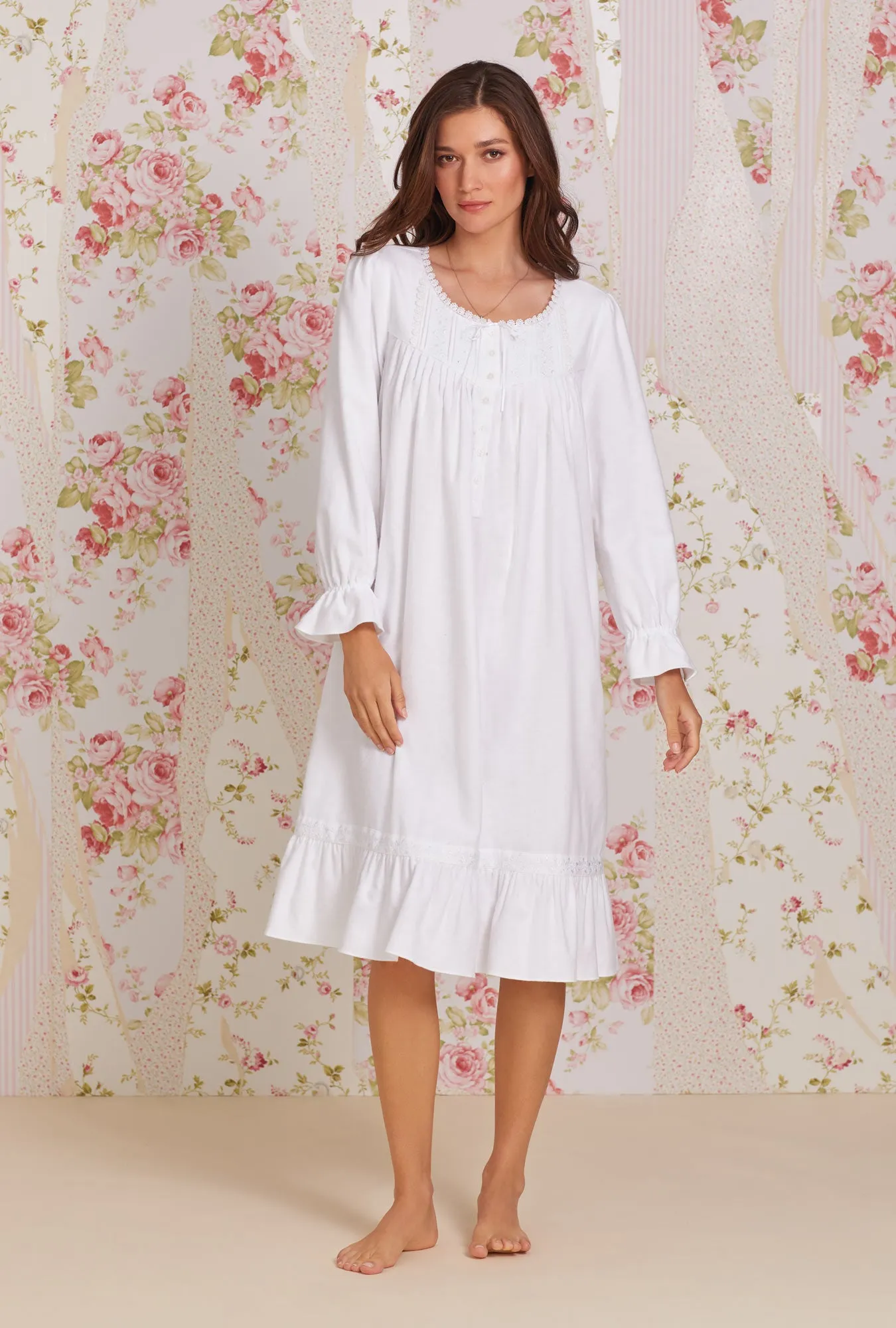 Heritage Cotton Flannel Embroidery Waltz Nightgown- White