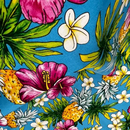 Hibiscus, Pineapple & Plumeria Hawaiian Fabric | Blue 0223