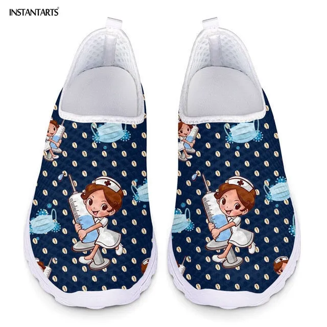 INSTANTARTS New Cartoon Nurse Doctor Print Women Sneakers Slip On Light Mesh Shoes Summer Breathable Flats Shoes Zapatos planos