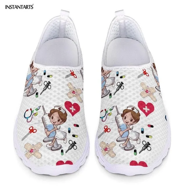 INSTANTARTS New Cartoon Nurse Doctor Print Women Sneakers Slip On Light Mesh Shoes Summer Breathable Flats Shoes Zapatos planos