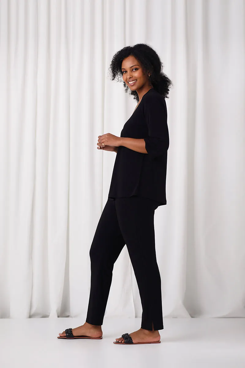 Jewel Neck Smocked Sleeve Top | Black