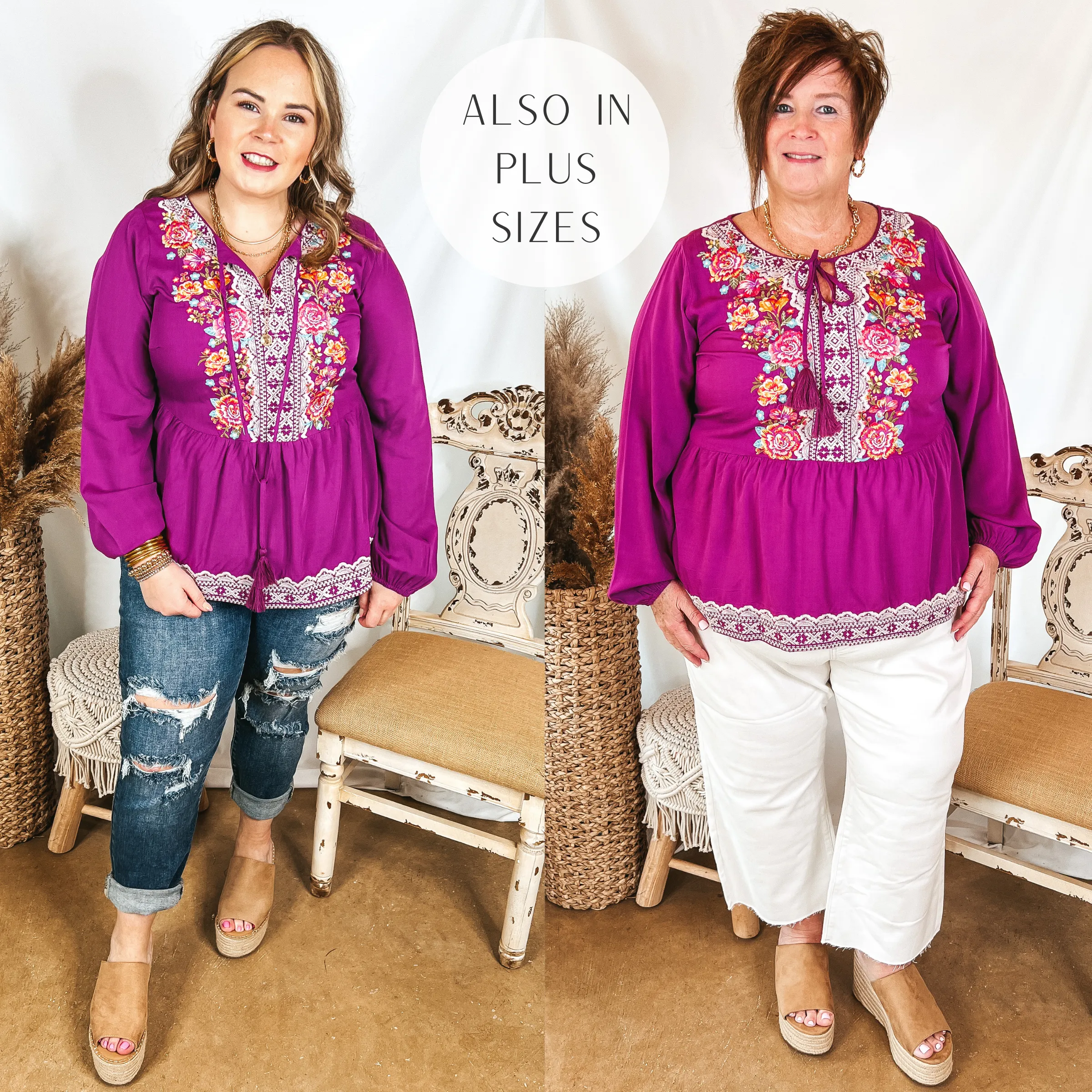 Last Chance Size Small & Medium | Stuck In A Daydream Long Sleeve Keyhole Top with Floral Embroidery in Magenta Purple