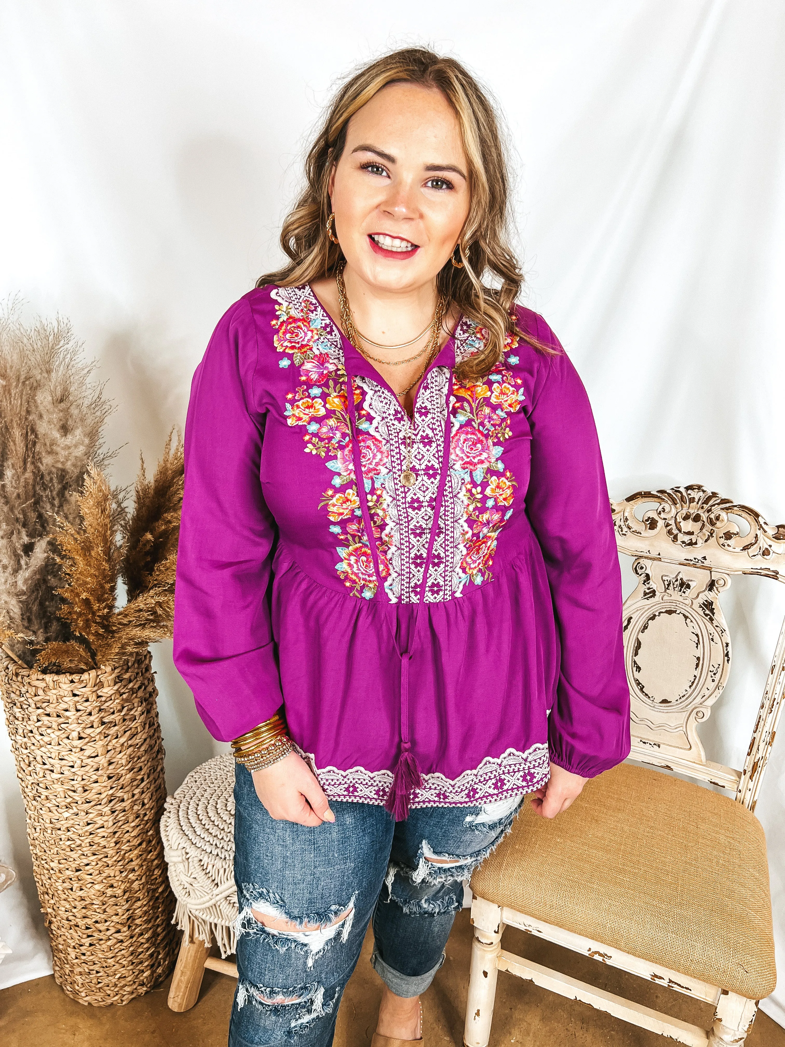 Last Chance Size Small & Medium | Stuck In A Daydream Long Sleeve Keyhole Top with Floral Embroidery in Magenta Purple