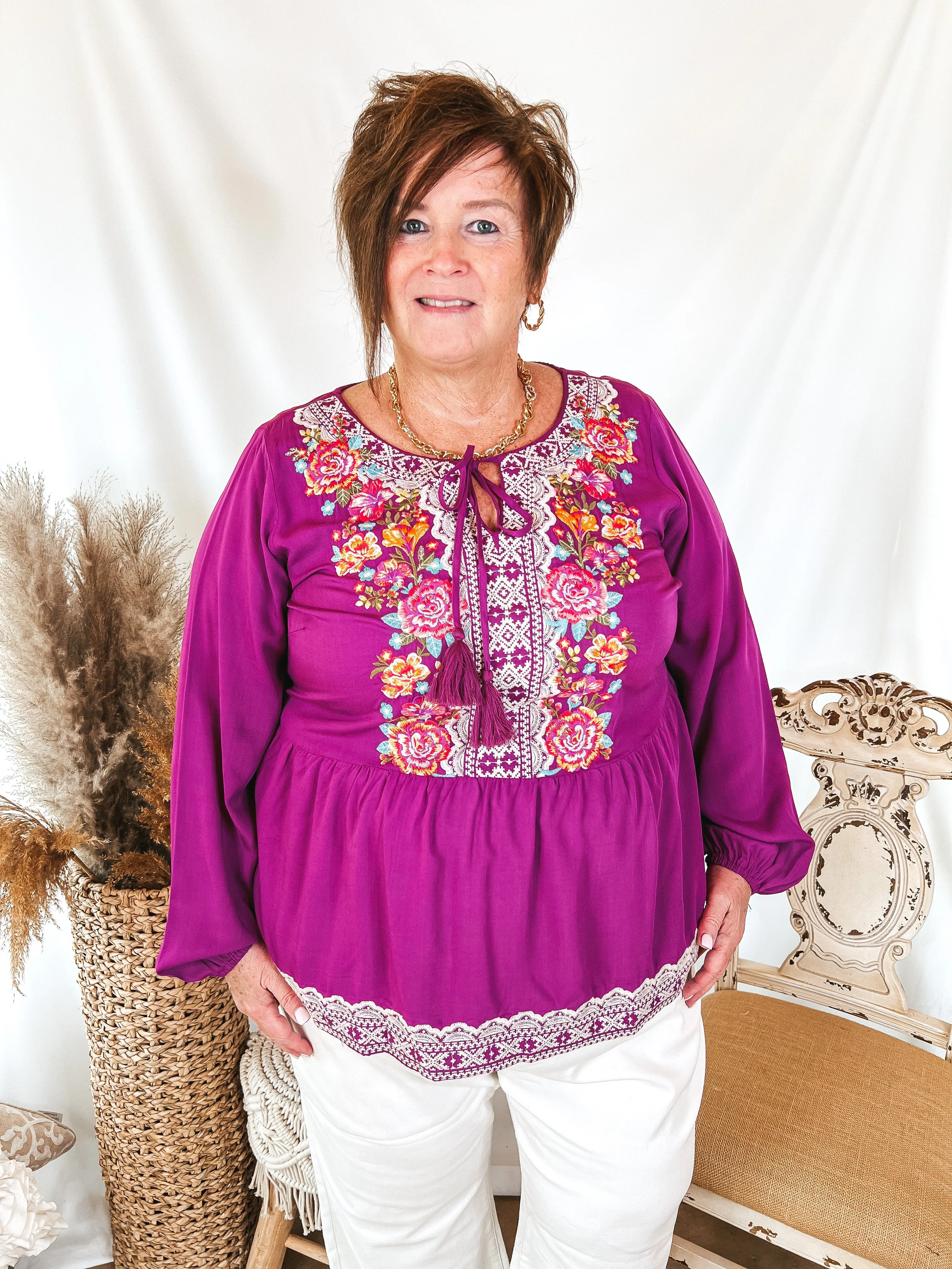 Last Chance Size Small & Medium | Stuck In A Daydream Long Sleeve Keyhole Top with Floral Embroidery in Magenta Purple