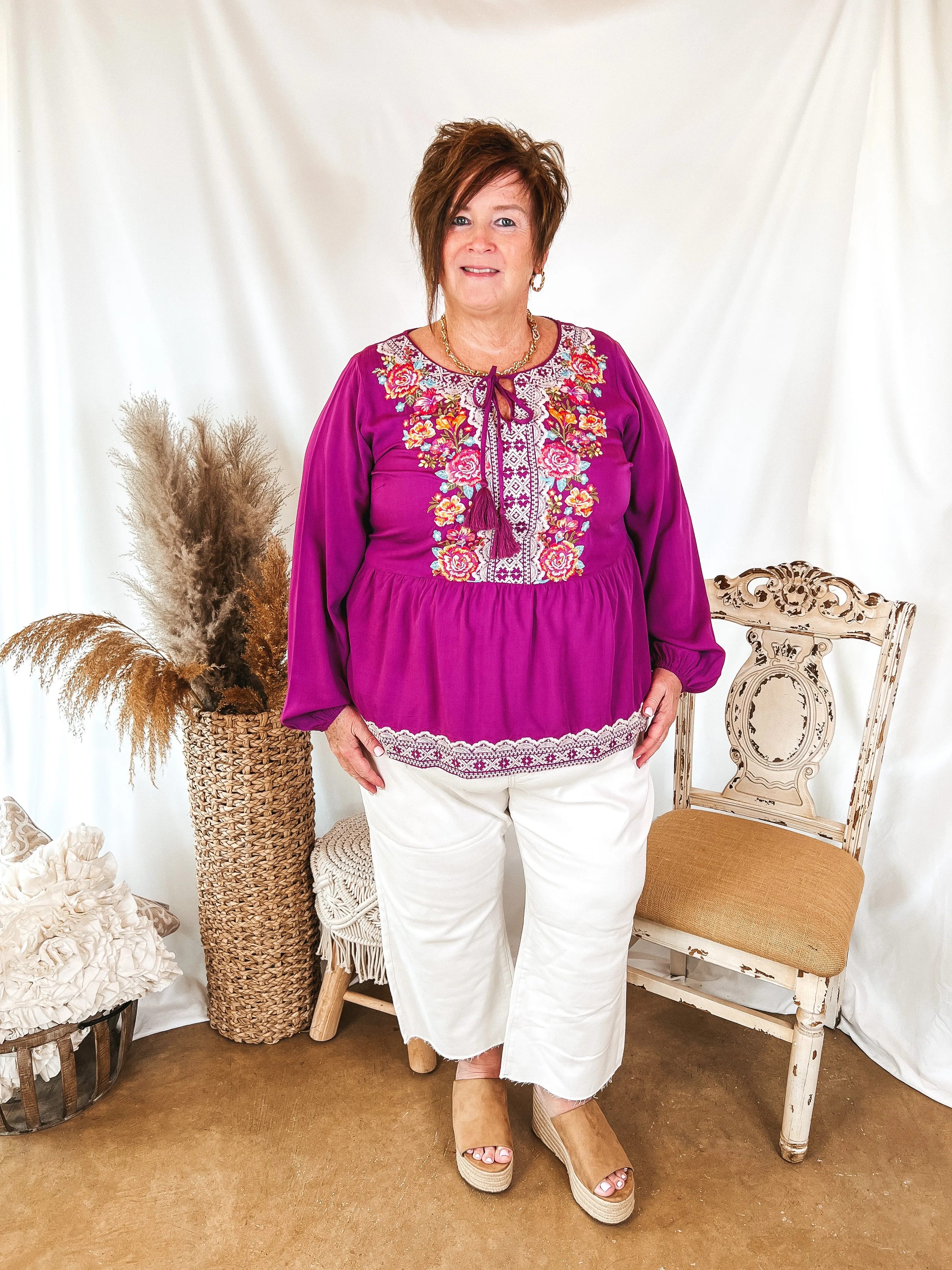 Last Chance Size Small & Medium | Stuck In A Daydream Long Sleeve Keyhole Top with Floral Embroidery in Magenta Purple
