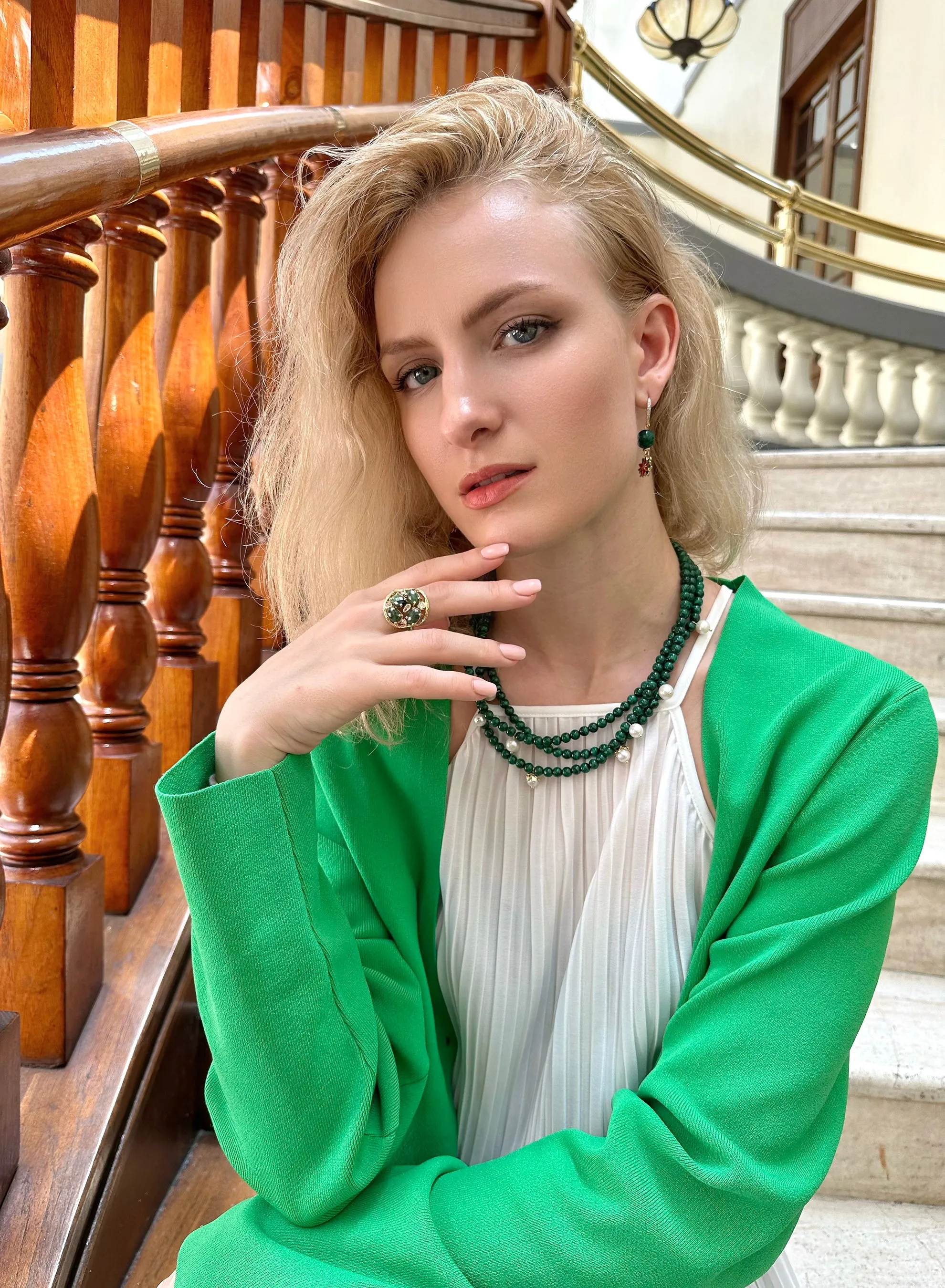 Malachite & Freshwater Pearls Triple Strands Necklace KN028
