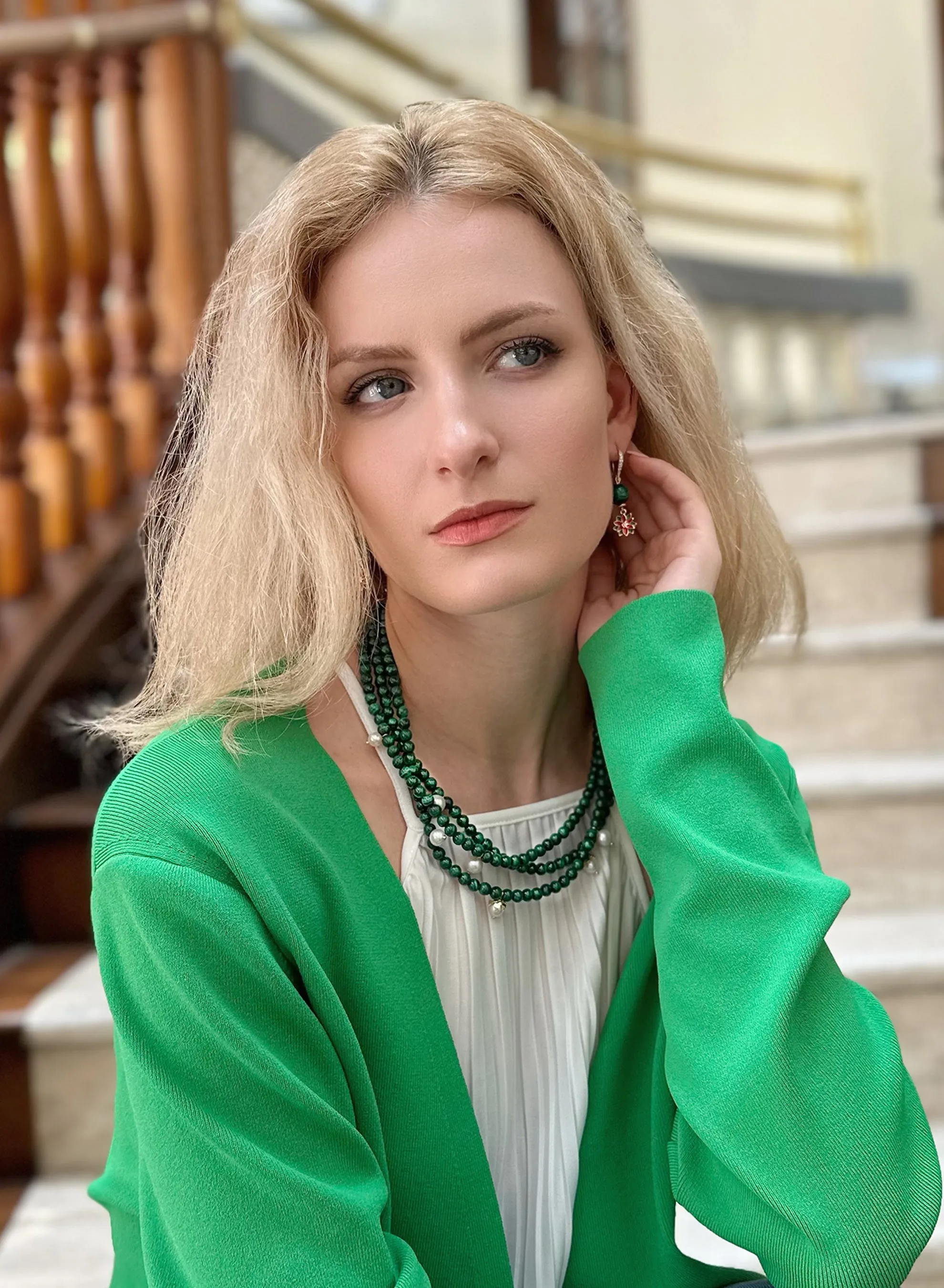 Malachite & Freshwater Pearls Triple Strands Necklace KN028
