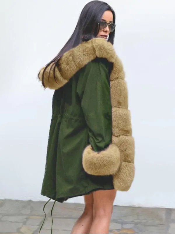 New Army Green Faux Fur-trimmed long-length Faux Fur Coats