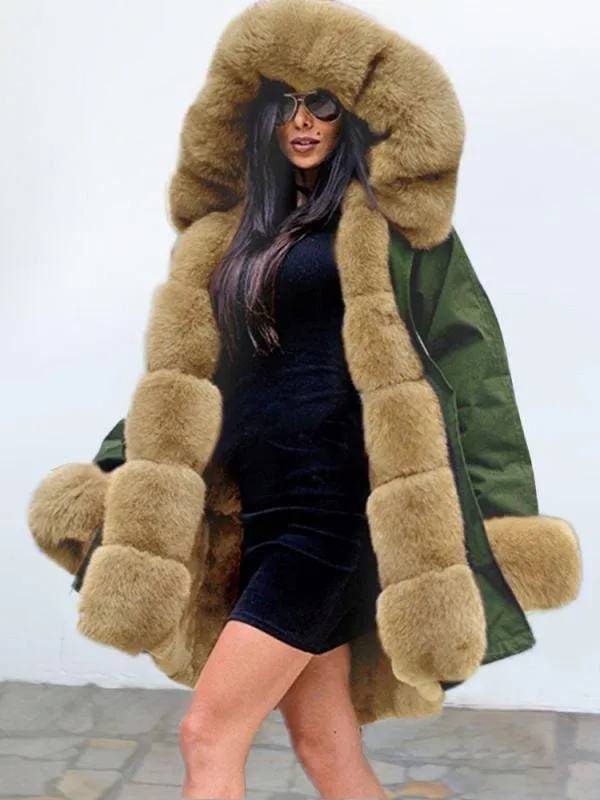 New Army Green Faux Fur-trimmed long-length Faux Fur Coats