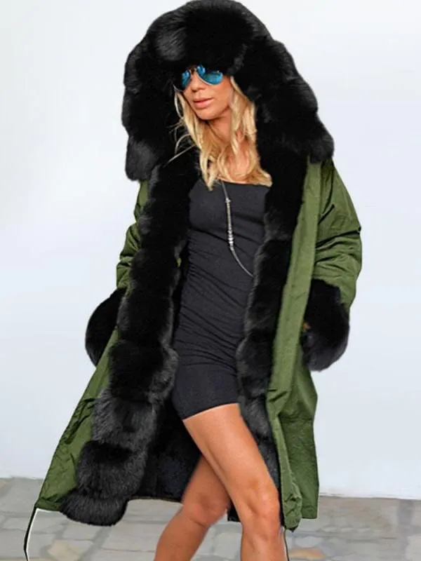 New Army Green Faux Fur-trimmed long-length Faux Fur Coats