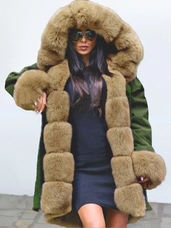 New Army Green Faux Fur-trimmed long-length Faux Fur Coats