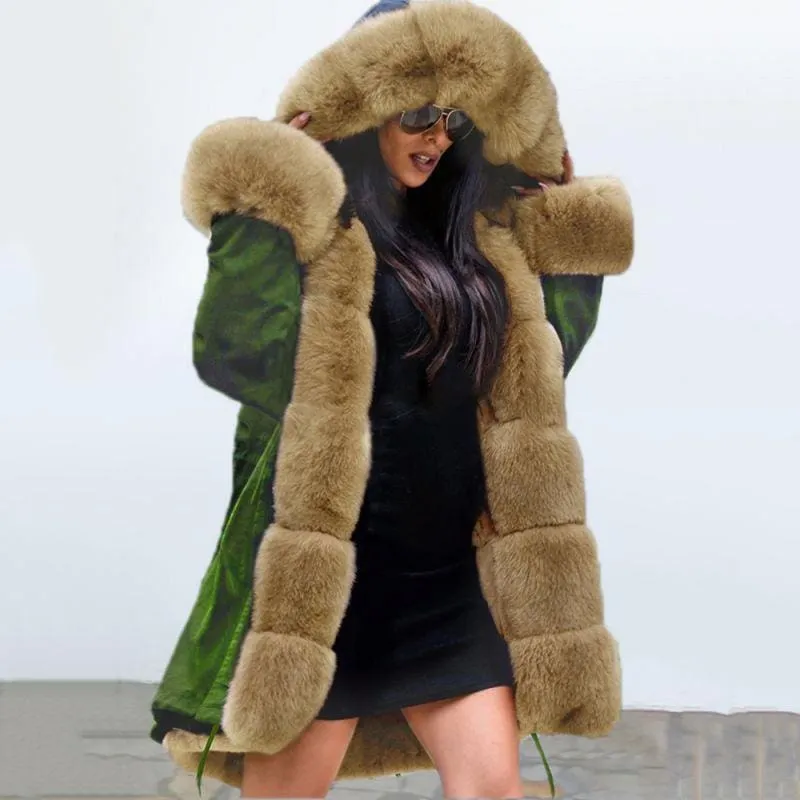 New Army Green Faux Fur-trimmed long-length Faux Fur Coats