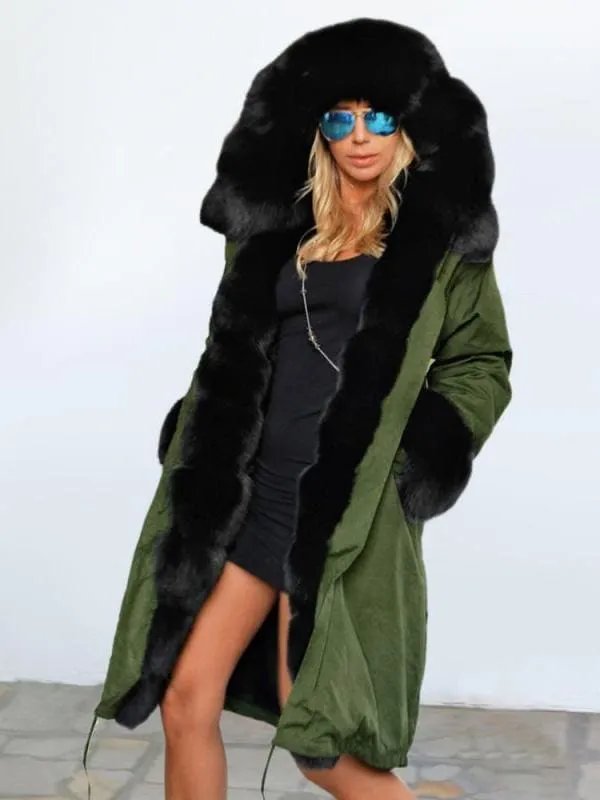 New Army Green Faux Fur-trimmed long-length Faux Fur Coats