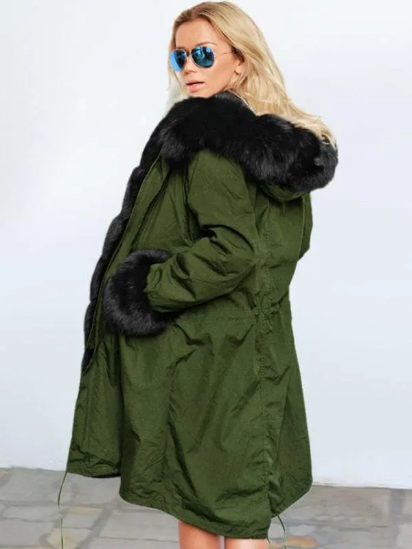 New Army Green Faux Fur-trimmed long-length Faux Fur Coats
