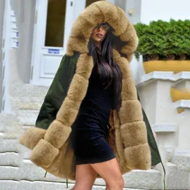 New Army Green Faux Fur-trimmed long-length Faux Fur Coats