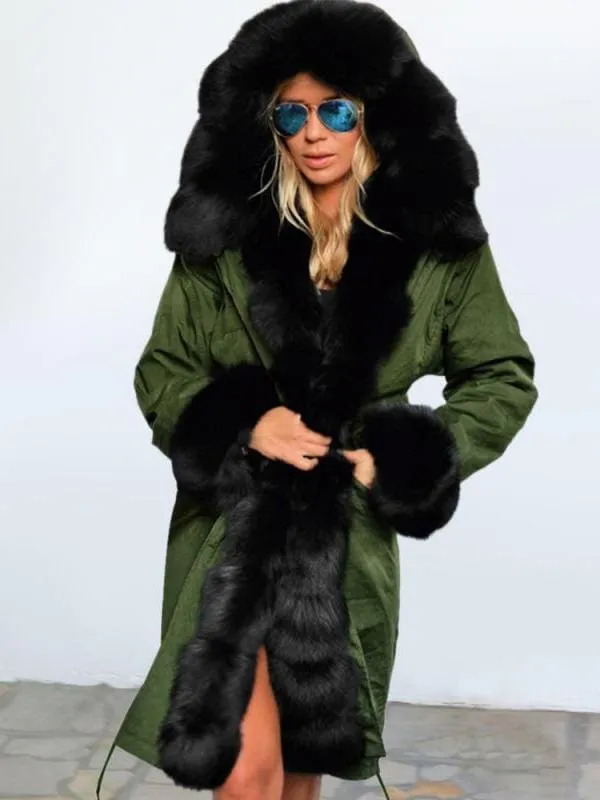 New Army Green Faux Fur-trimmed long-length Faux Fur Coats